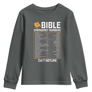 Bible Emergency Numbers Youth Sweatshirt Funny Christian Bible Jesus Religious TS10 Dark Heather Print Your Wear