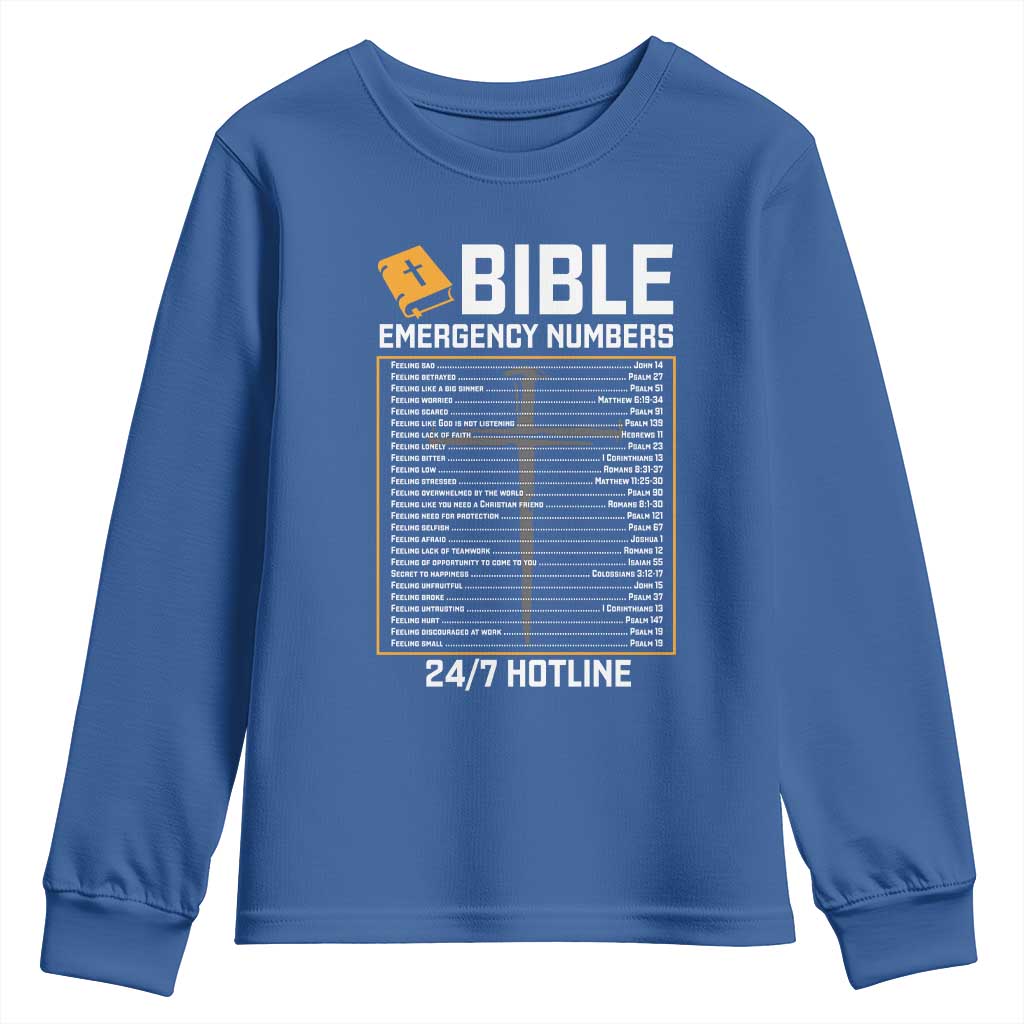 Bible Emergency Numbers Youth Sweatshirt Funny Christian Bible Jesus Religious TS10 Royal Blue Print Your Wear