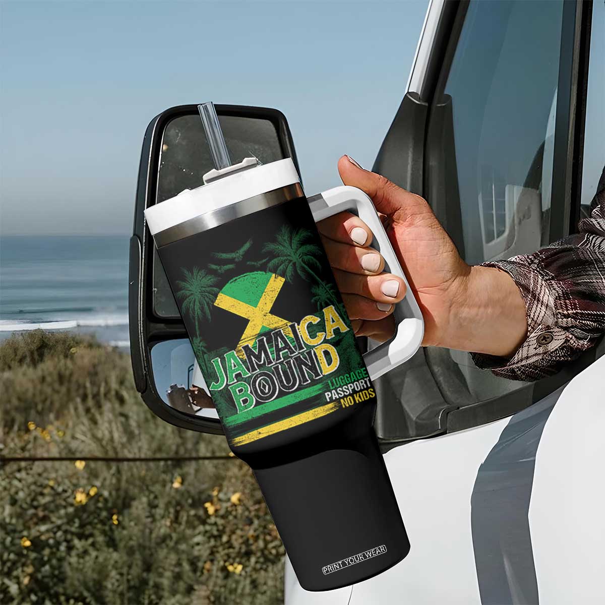 Jamaican Travel Tumbler With Handle Straight Trippin Jamaica Vacation Retro TS10 Print Your Wear