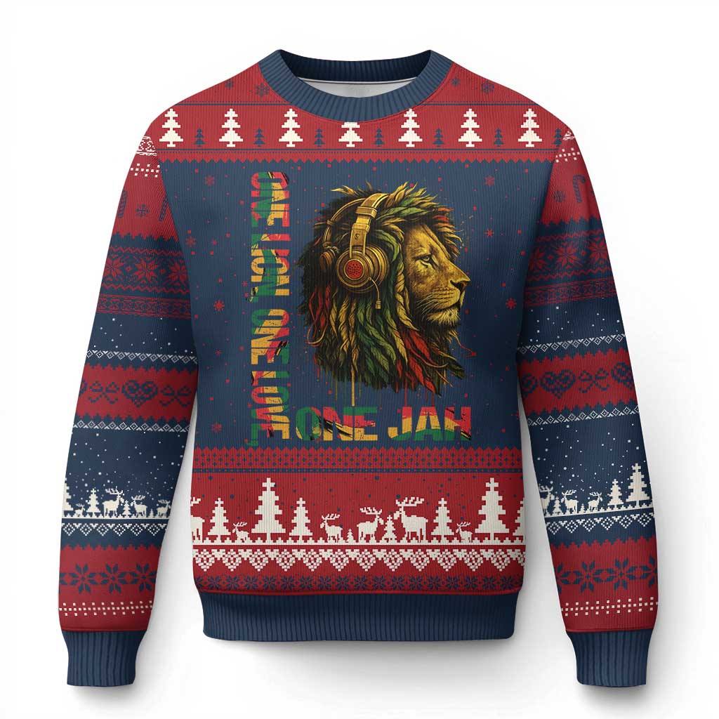 One Love Rasta Lion Ugly Christmas Sweater Rastafari Reggae Jamaica Roots Lion of Judah Dreadlocks TS10 Navy Red Print Your Wear