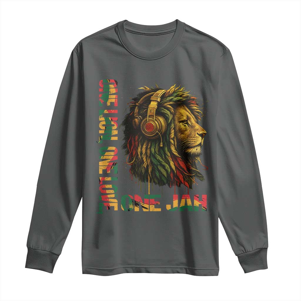 One Love Rasta Lion Long Sleeve Shirt Rastafari Reggae Jamaica Roots Lion of Judah Dreadlocks TS10 Dark Heather Print Your Wear