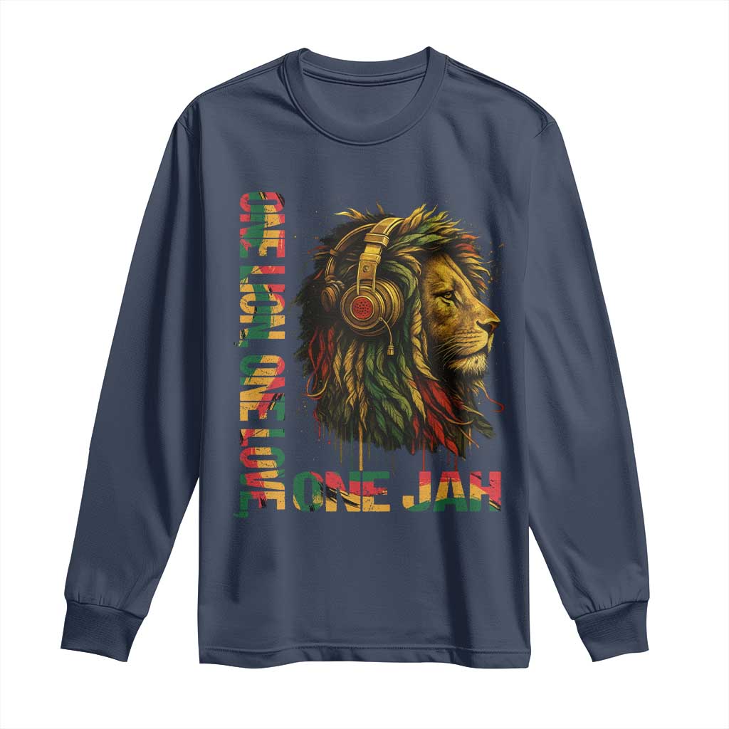 One Love Rasta Lion Long Sleeve Shirt Rastafari Reggae Jamaica Roots Lion of Judah Dreadlocks TS10 Navy Print Your Wear