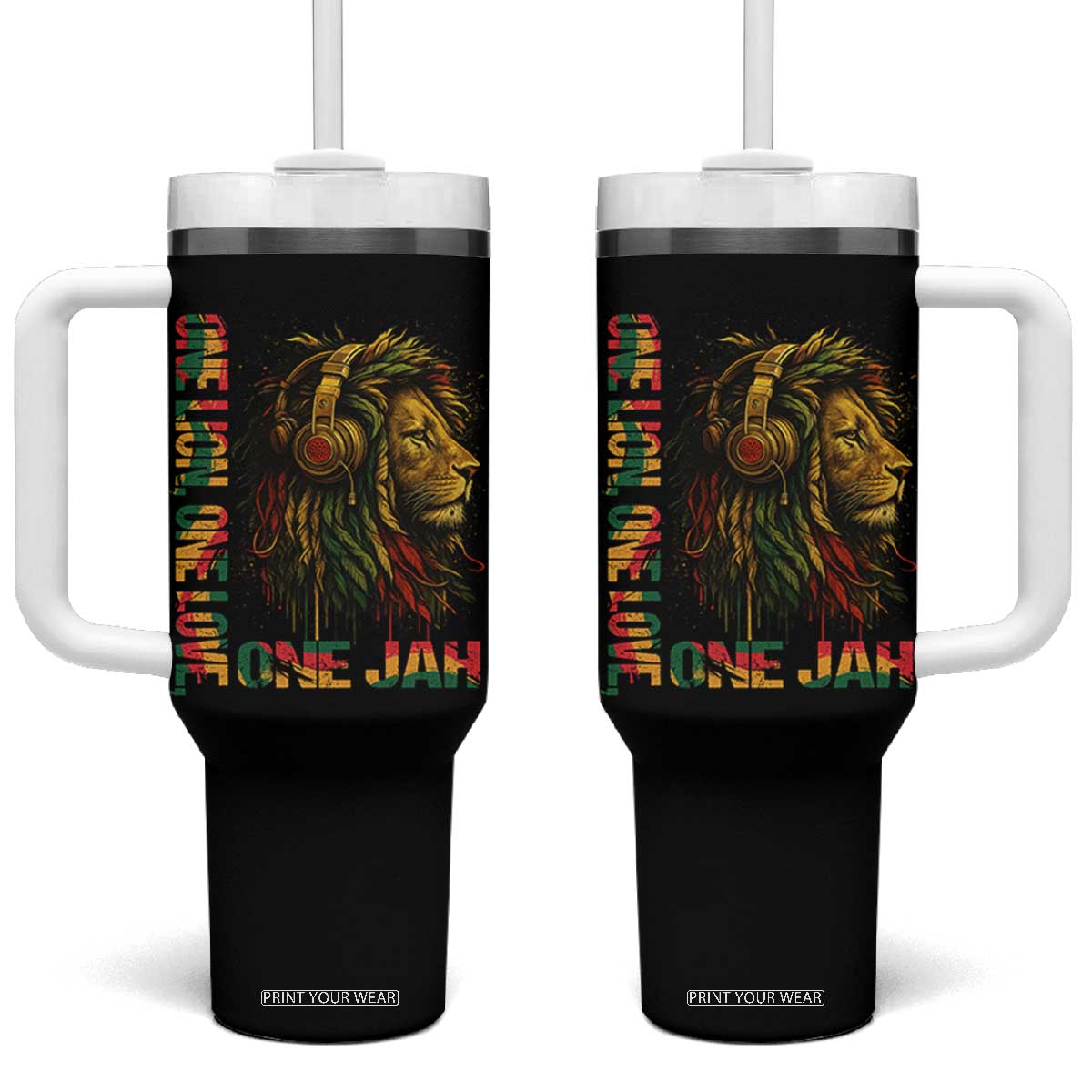 One Love Rasta Lion Tumbler With Handle Rastafari Reggae Jamaica Roots Lion of Judah Dreadlocks TS10 One Size: 40 oz Black Print Your Wear