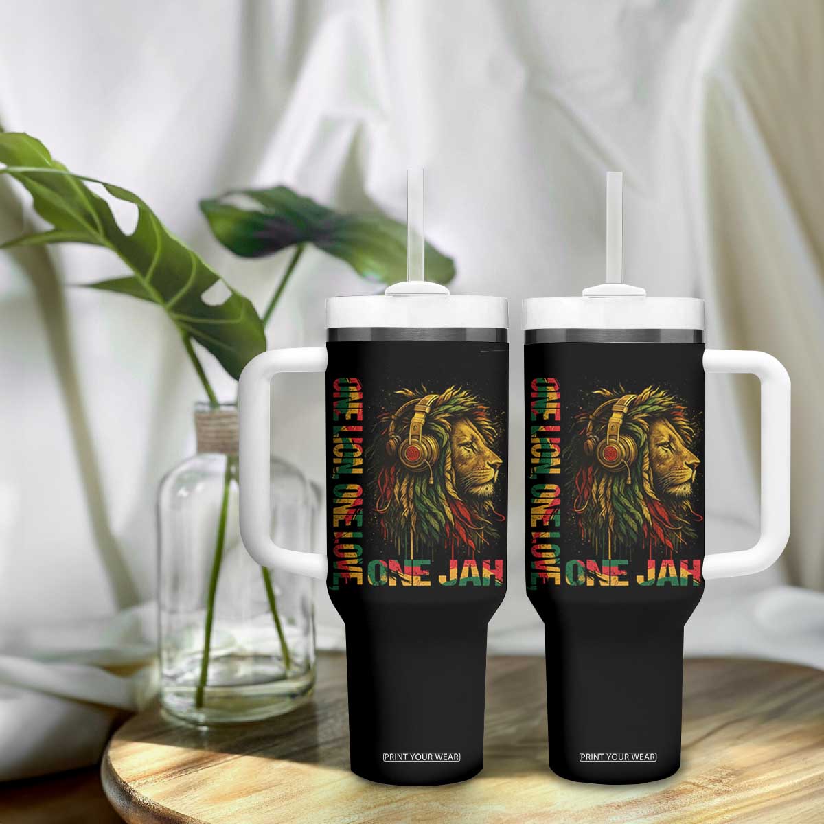 One Love Rasta Lion Tumbler With Handle Rastafari Reggae Jamaica Roots Lion of Judah Dreadlocks TS10 Print Your Wear