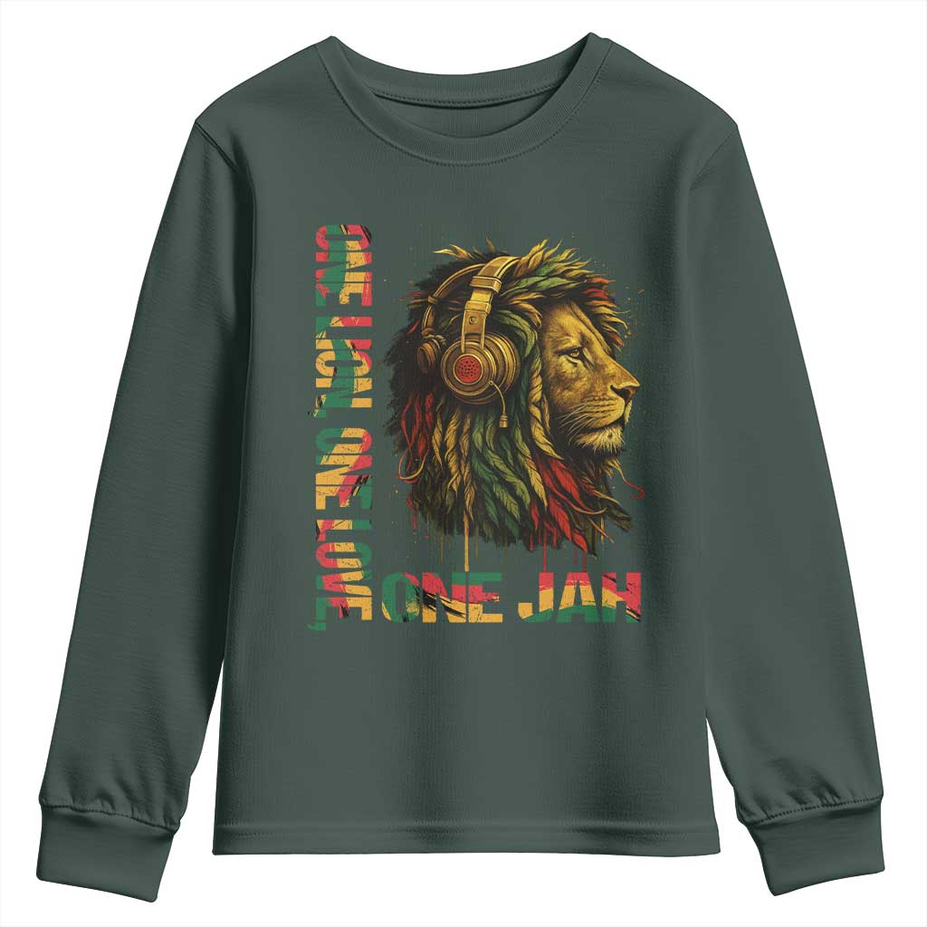 One Love Rasta Lion Youth Sweatshirt Rastafari Reggae Jamaica Roots Lion of Judah Dreadlocks TS10 Dark Forest Green Print Your Wear