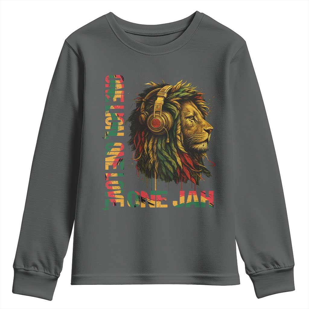 One Love Rasta Lion Youth Sweatshirt Rastafari Reggae Jamaica Roots Lion of Judah Dreadlocks TS10 Dark Heather Print Your Wear
