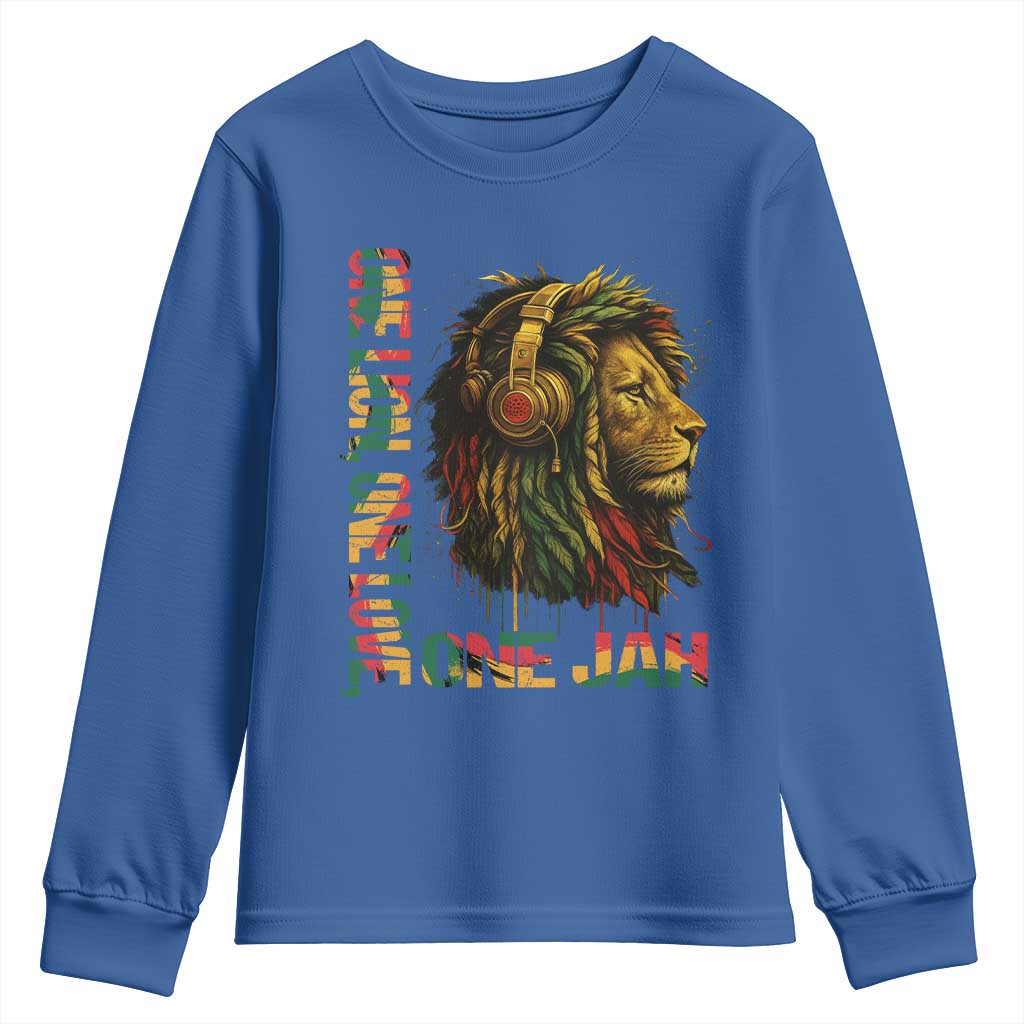 One Love Rasta Lion Youth Sweatshirt Rastafari Reggae Jamaica Roots Lion of Judah Dreadlocks TS10 Royal Blue Print Your Wear