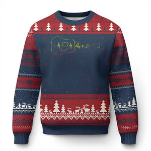 Guitar Rastafari Heartbeat Ugly Christmas Sweater Jamaica ECG Pulse Rasta Reggae Music Vibes TS10 Navy Red Print Your Wear