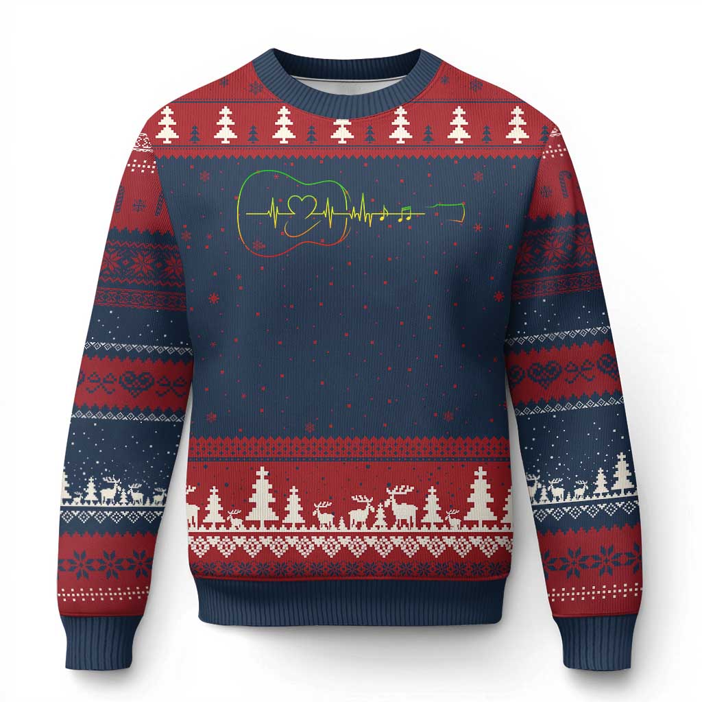 Guitar Rastafari Heartbeat Ugly Christmas Sweater Jamaica ECG Pulse Rasta Reggae Music Vibes TS10 Navy Red Print Your Wear
