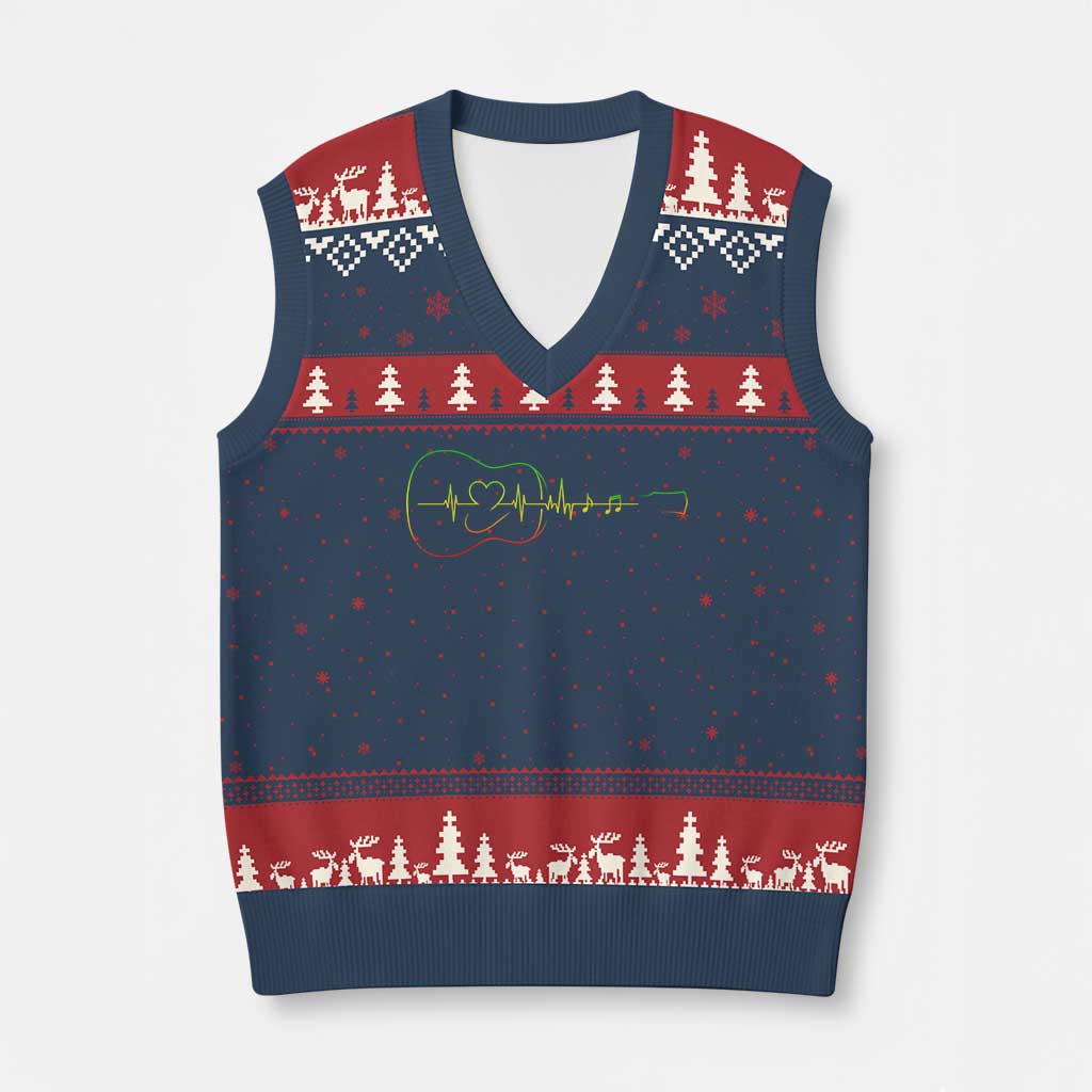 Guitar Rastafari Heartbeat V-Neck Knit Sweater Vest Jamaica ECG Pulse Rasta Reggae Music Vibes TS10 Navy Red Print Your Wear