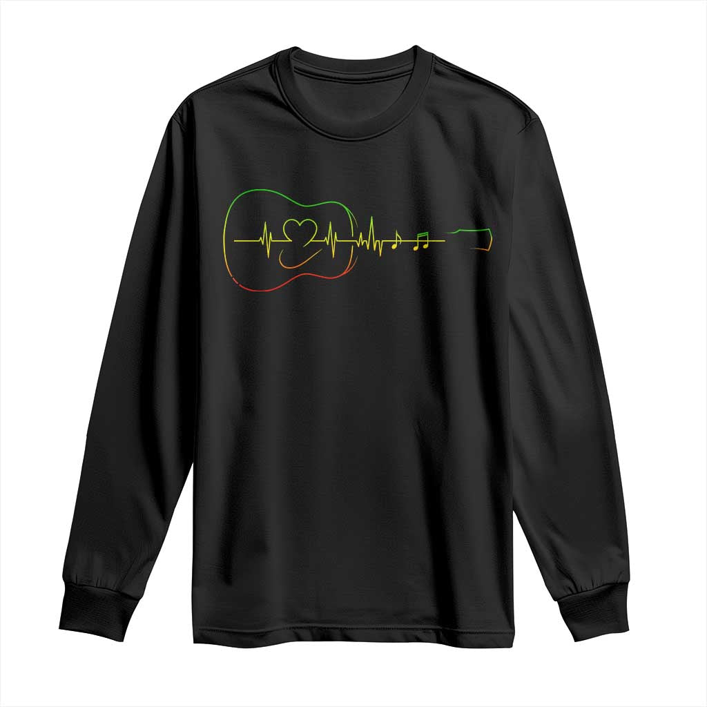 Guitar Rastafari Heartbeat Long Sleeve Shirt Jamaica ECG Pulse Rasta Reggae Music Vibes TS10 Black Print Your Wear