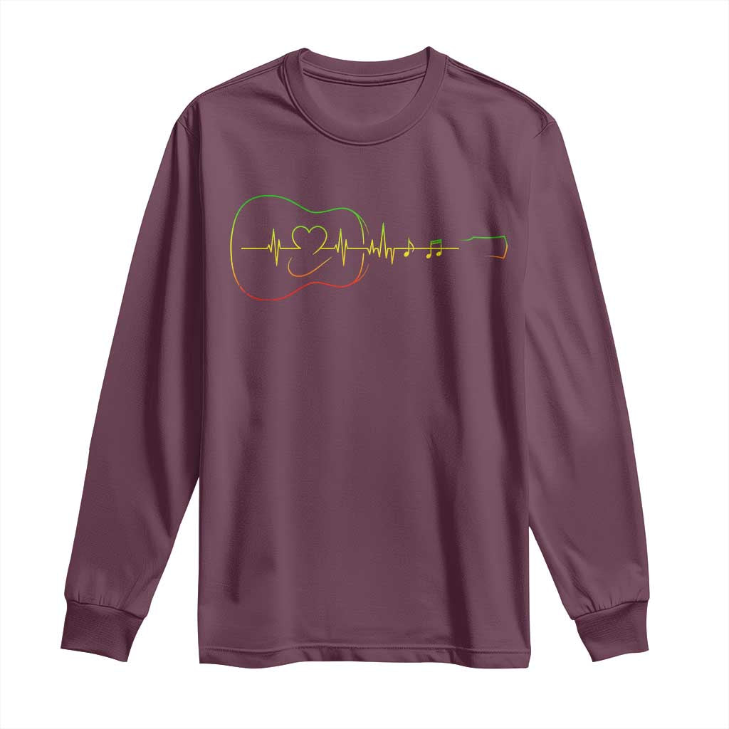 Guitar Rastafari Heartbeat Long Sleeve Shirt Jamaica ECG Pulse Rasta Reggae Music Vibes TS10 Maroon Print Your Wear