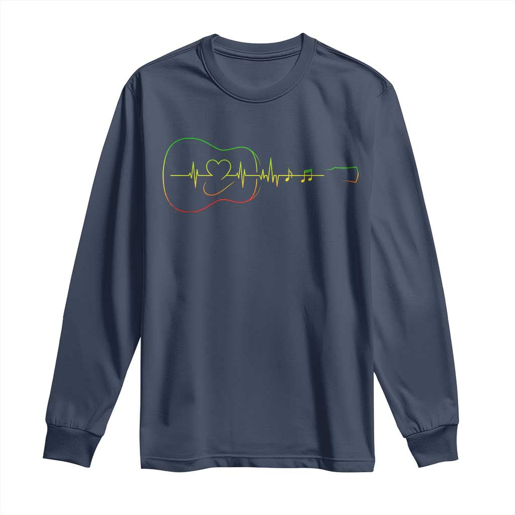 Guitar Rastafari Heartbeat Long Sleeve Shirt Jamaica ECG Pulse Rasta Reggae Music Vibes TS10 Navy Print Your Wear