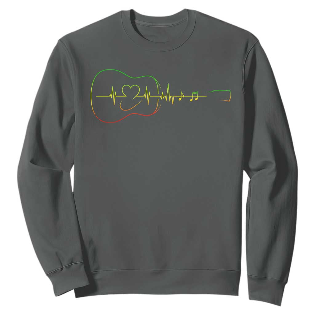 Guitar Rastafari Heartbeat Sweatshirt Jamaica ECG Pulse Rasta Reggae Music Vibes TS10 Dark Heather Print Your Wear