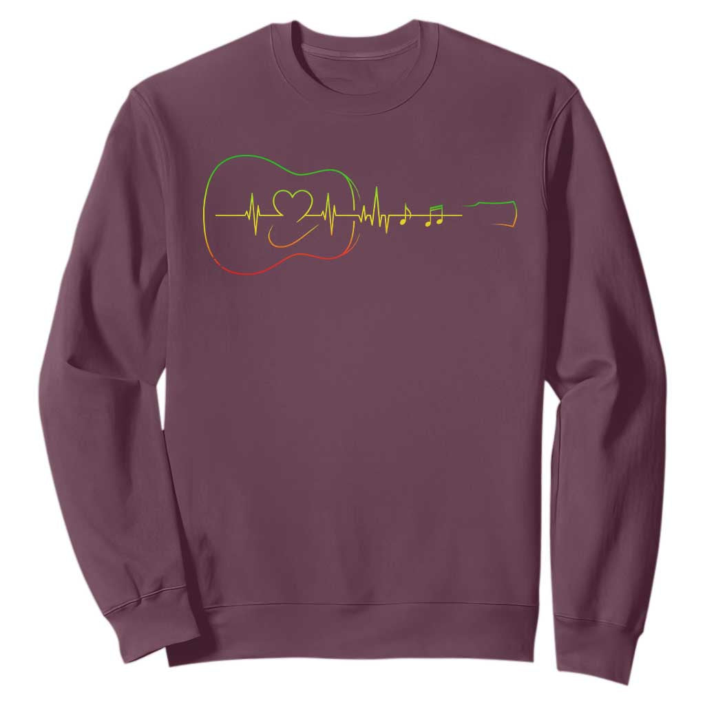 Guitar Rastafari Heartbeat Sweatshirt Jamaica ECG Pulse Rasta Reggae Music Vibes TS10 Maroon Print Your Wear