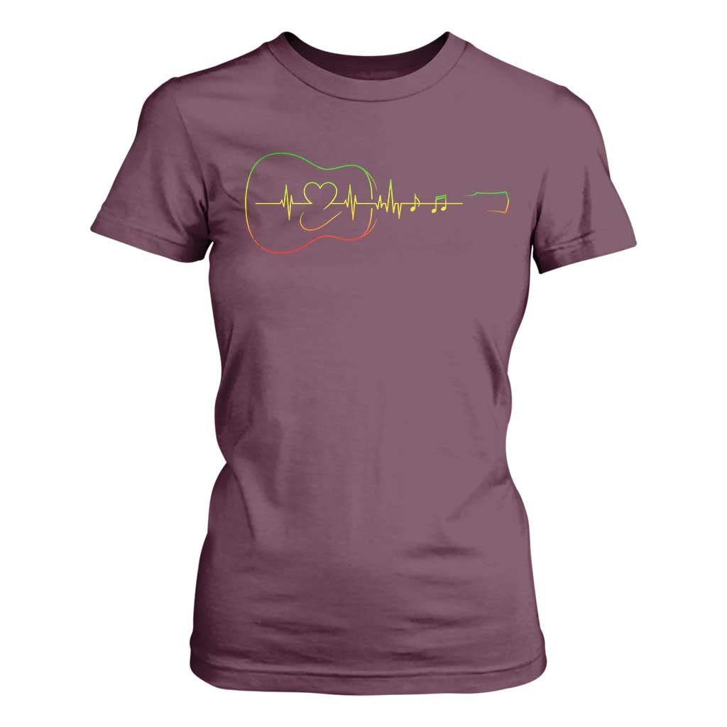Guitar Rastafari Heartbeat T Shirt For Women Jamaica ECG Pulse Rasta Reggae Music Vibes TS10 Maroon Print Your Wear
