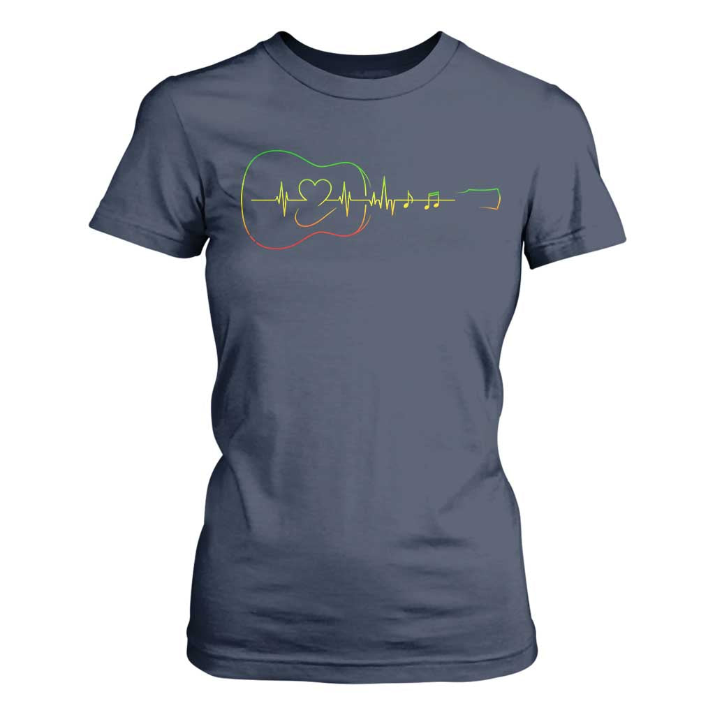 Guitar Rastafari Heartbeat T Shirt For Women Jamaica ECG Pulse Rasta Reggae Music Vibes TS10 Navy Print Your Wear