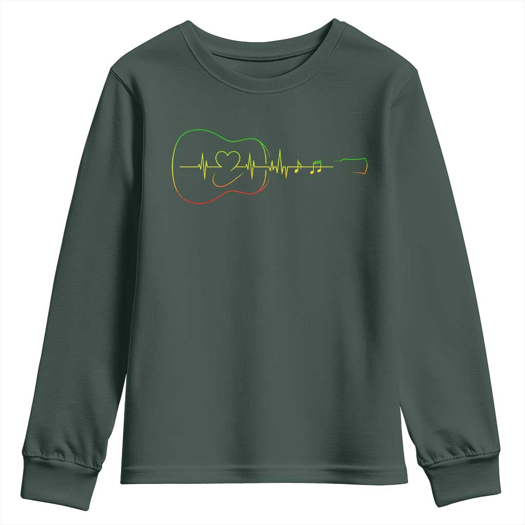Guitar Rastafari Heartbeat Youth Sweatshirt Jamaica ECG Pulse Rasta Reggae Music Vibes TS10 Dark Forest Green Print Your Wear