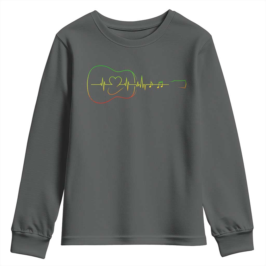 Guitar Rastafari Heartbeat Youth Sweatshirt Jamaica ECG Pulse Rasta Reggae Music Vibes TS10 Dark Heather Print Your Wear