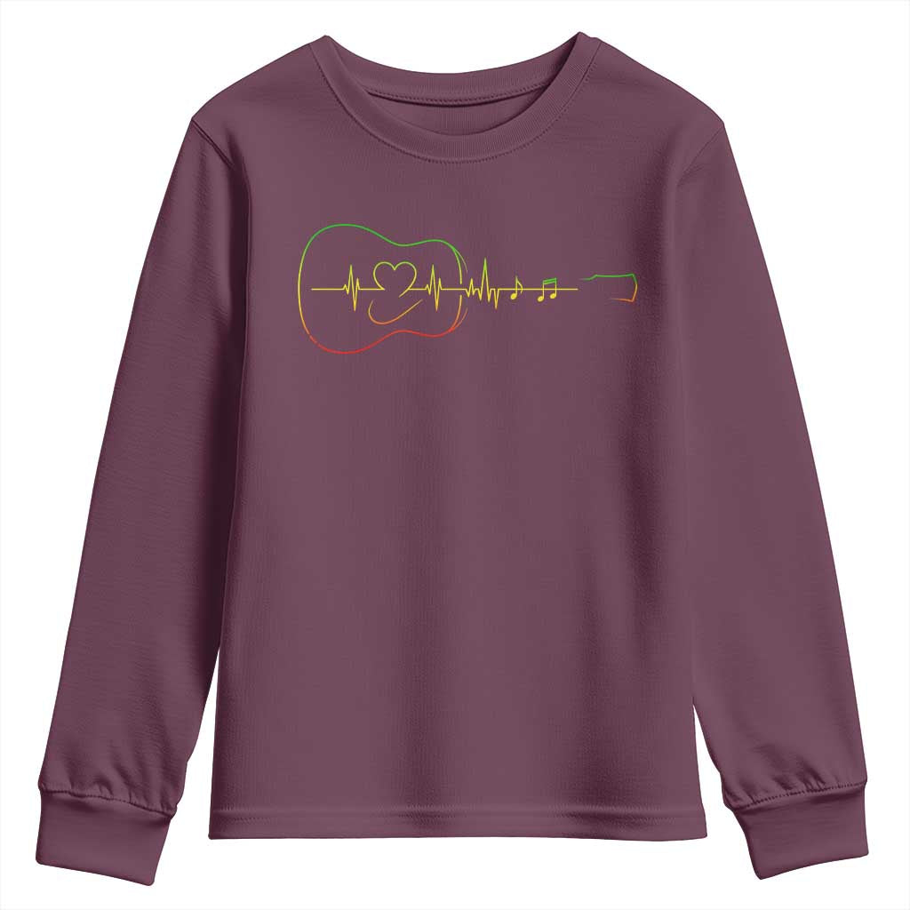 Guitar Rastafari Heartbeat Youth Sweatshirt Jamaica ECG Pulse Rasta Reggae Music Vibes TS10 Maroon Print Your Wear