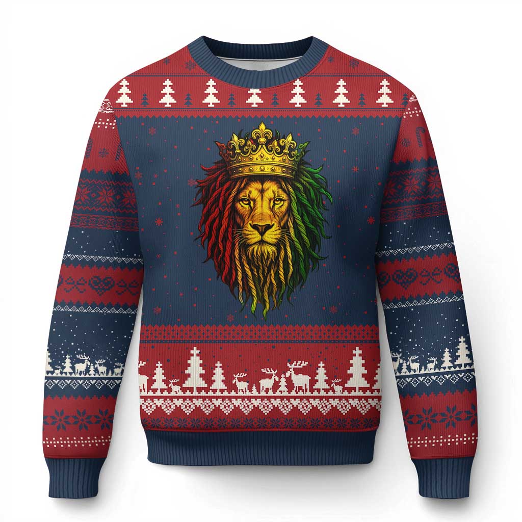 Rasta Reggae Lion Ugly Christmas Sweater Jamaican Pride Lion of Judah Gift for Rastafari TS10 Navy Red Print Your Wear