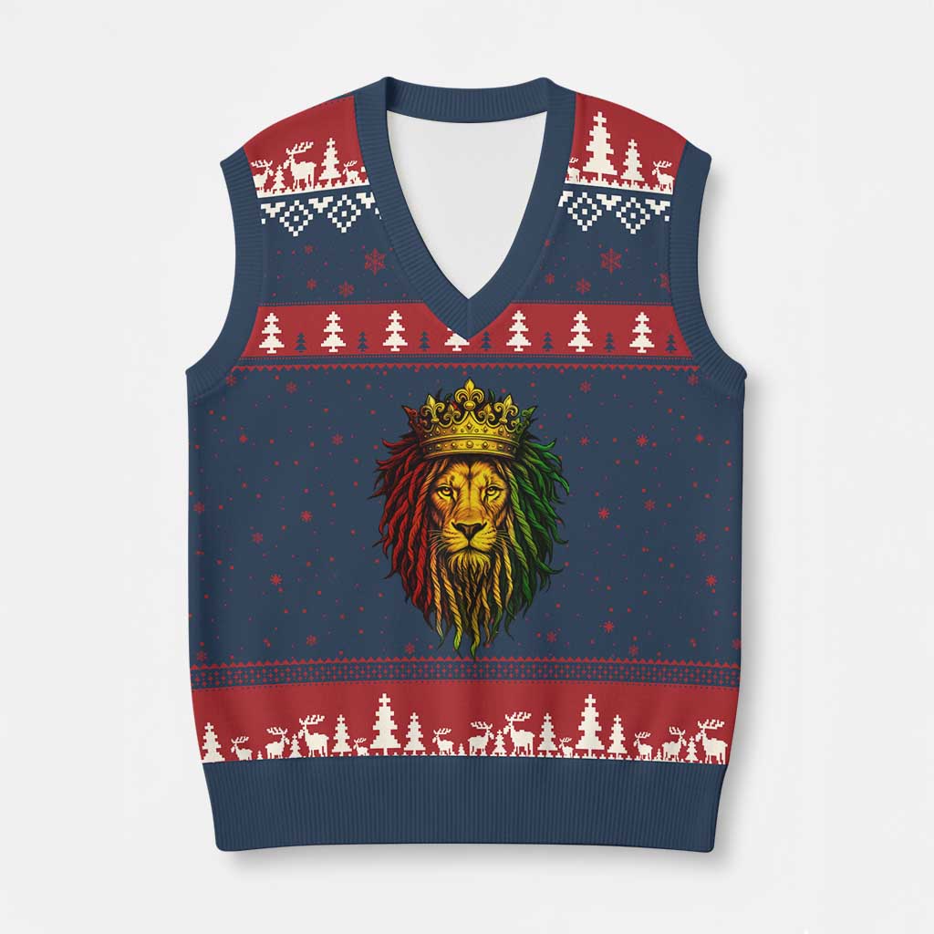 Rasta Reggae Lion V-Neck Knit Sweater Vest Jamaican Pride Lion of Judah Gift for Rastafari TS10 Navy Red Print Your Wear