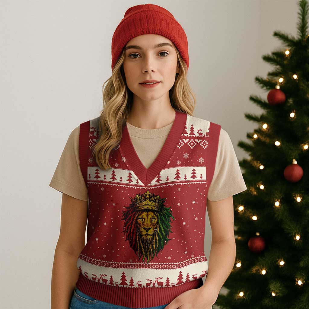 Rasta Reggae Lion V-Neck Knit Sweater Vest Jamaican Pride Lion of Judah Gift for Rastafari TS10 Red Beige Print Your Wear