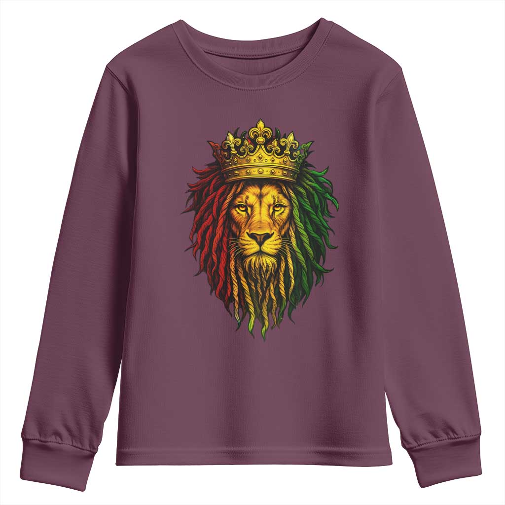 Rasta Reggae Lion Youth Sweatshirt Jamaican Pride Lion of Judah Gift for Rastafari TS10 Maroon Print Your Wear