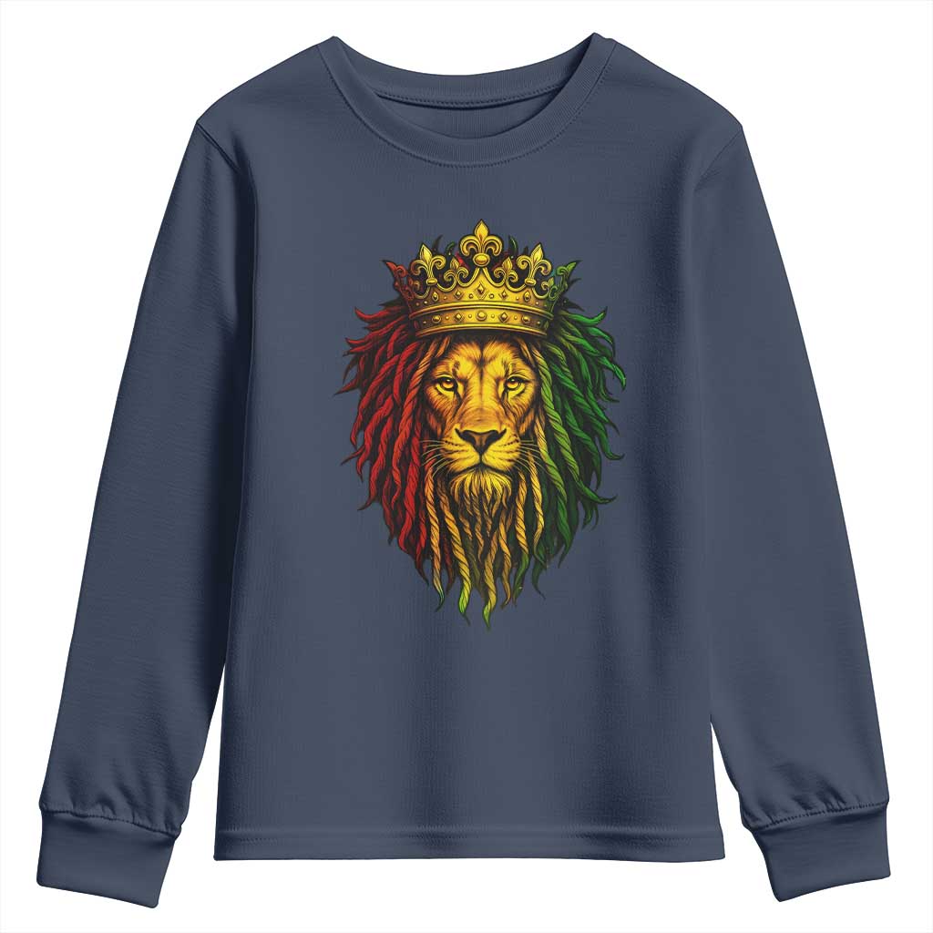 Rasta Reggae Lion Youth Sweatshirt Jamaican Pride Lion of Judah Gift for Rastafari TS10 Navy Print Your Wear
