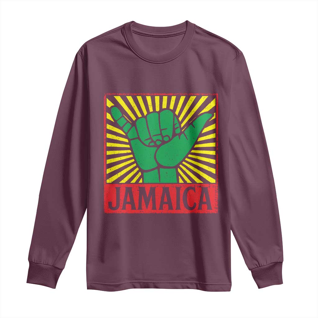 Jamaica Rasta Shaka Sign Long Sleeve Shirt Retro Reggae Vibes TS10 Maroon Print Your Wear