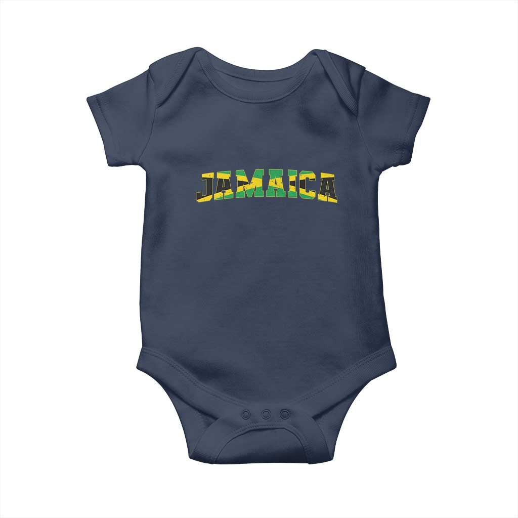 Jamaican Pride Baby Onesie Retro Jamaica Flag Distressed Varsity Lettering Style TS10 Navy Print Your Wear