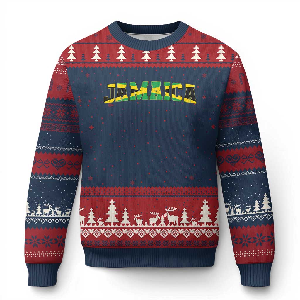 Jamaican Pride Ugly Christmas Sweater Retro Jamaica Flag Distressed Varsity Lettering Style TS10 Navy Red Print Your Wear