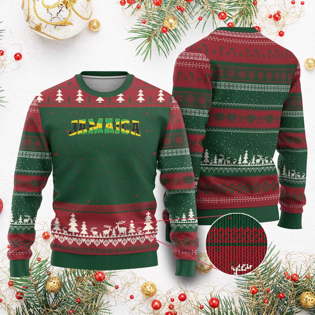 Jamaican Pride Ugly Christmas Sweater Retro Jamaica Flag Distressed Varsity Lettering Style TS10 Red Green Print Your Wear