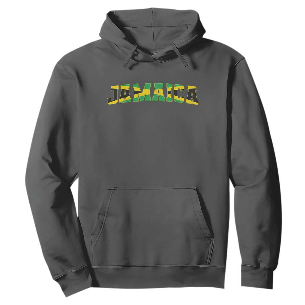 Jamaican Pride Hoodie Retro Jamaica Flag Distressed Varsity Lettering Style TS10 Dark Heather Print Your Wear