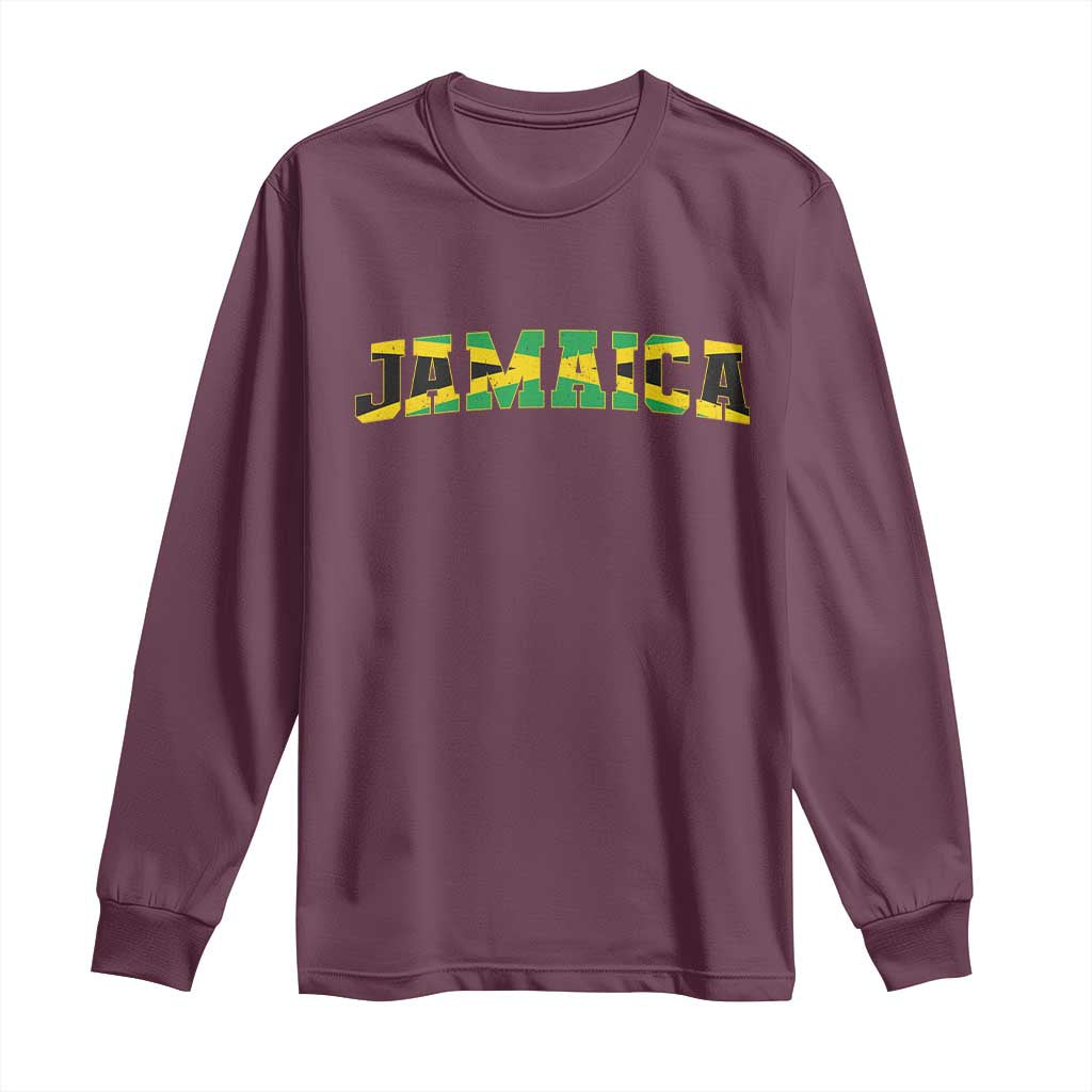 Jamaican Pride Long Sleeve Shirt Retro Jamaica Flag Distressed Varsity Lettering Style TS10 Maroon Print Your Wear