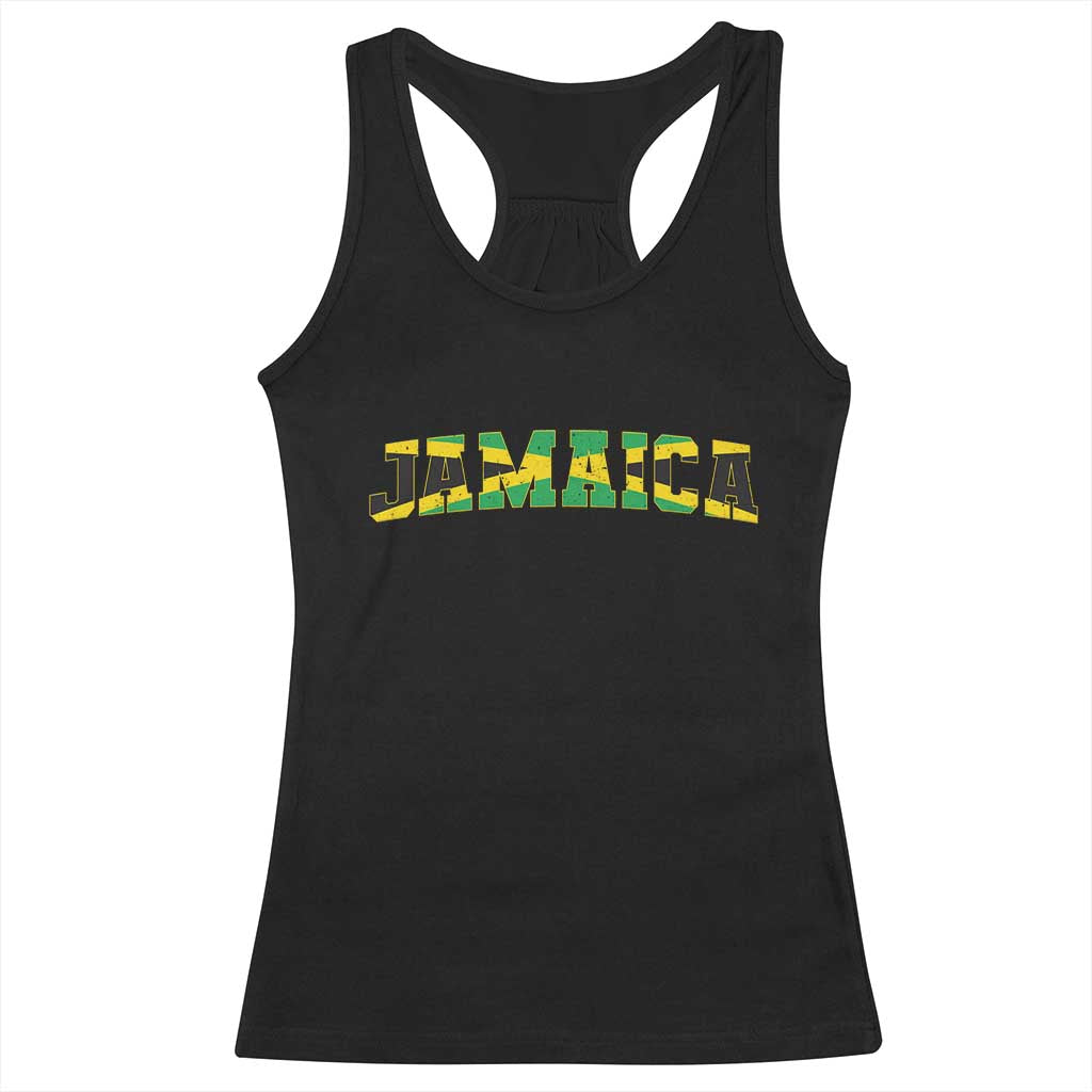 Jamaican Pride Racerback Tank Top Retro Jamaica Flag Distressed Varsity Lettering Style TS10 Black Print Your Wear
