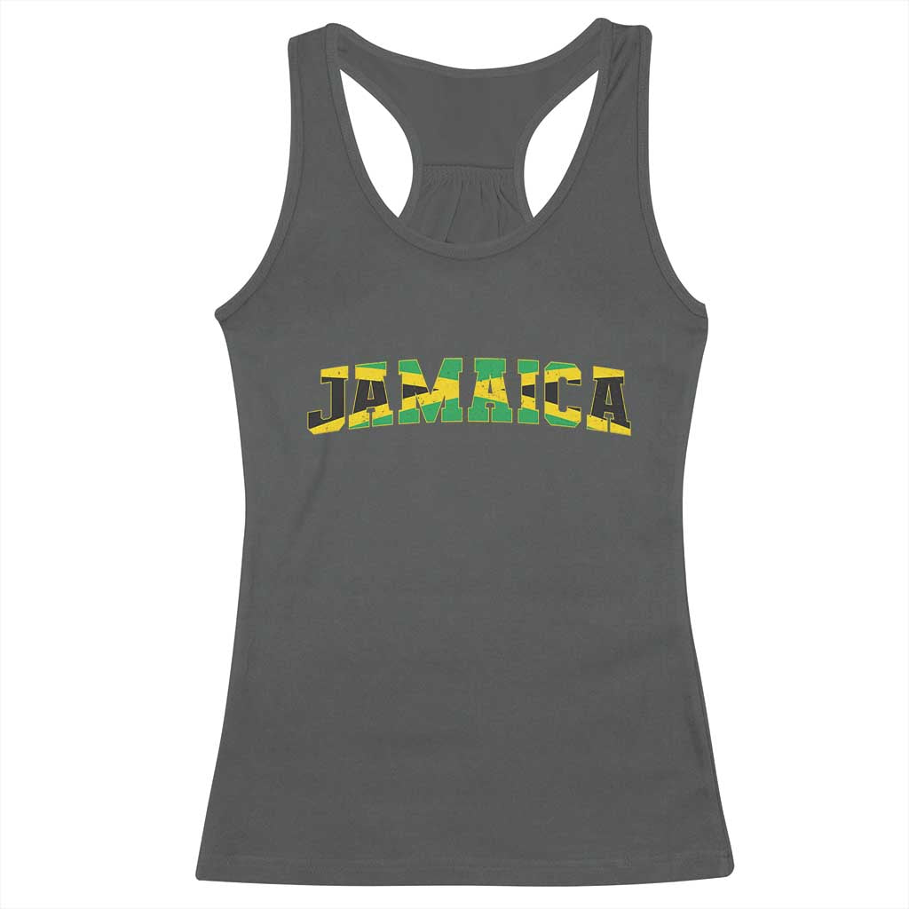 Jamaican Pride Racerback Tank Top Retro Jamaica Flag Distressed Varsity Lettering Style TS10 Dark Heather Print Your Wear