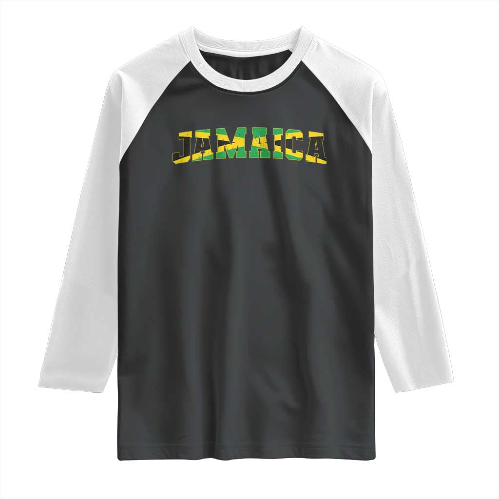 Jamaican Pride Raglan Shirt Retro Jamaica Flag Distressed Varsity Lettering Style TS10 Black White Print Your Wear