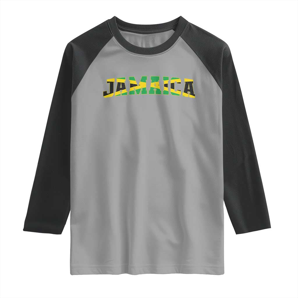Jamaican Pride Raglan Shirt Retro Jamaica Flag Distressed Varsity Lettering Style TS10 Sport Gray Black Print Your Wear