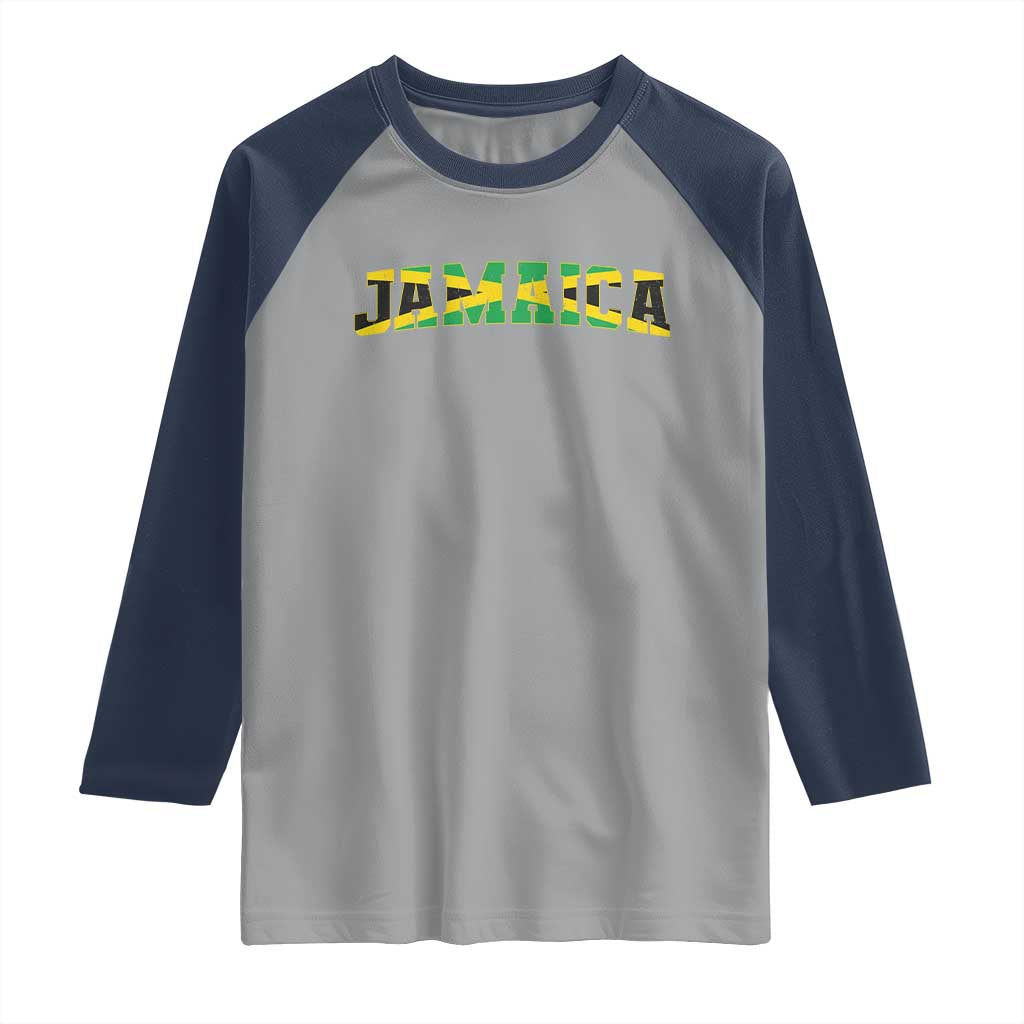 Jamaican Pride Raglan Shirt Retro Jamaica Flag Distressed Varsity Lettering Style TS10 Sport Gray Navy Print Your Wear