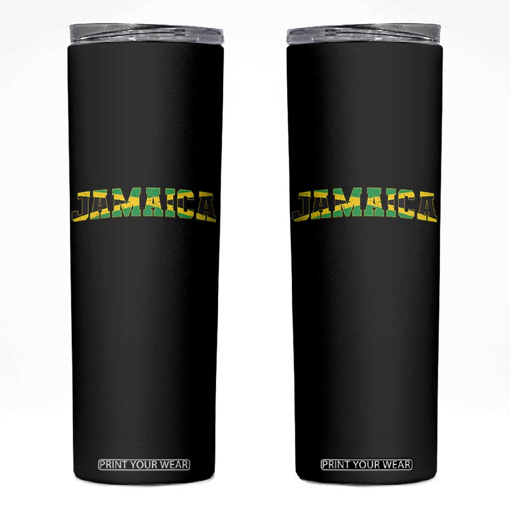 Jamaican Pride Skinny Tumbler Retro Jamaica Flag Distressed Varsity Lettering Style TS10 Black Print Your Wear