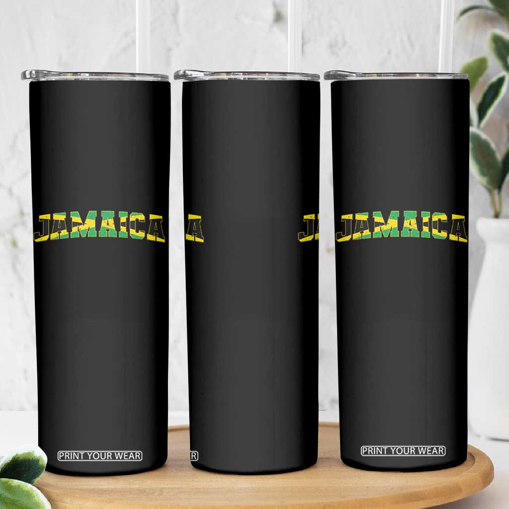 Jamaican Pride Skinny Tumbler Retro Jamaica Flag Distressed Varsity Lettering Style TS10 Print Your Wear