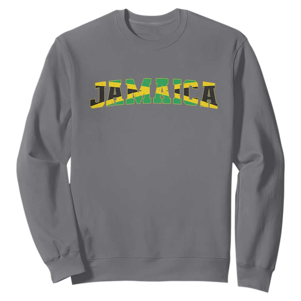 Jamaican Pride Sweatshirt Retro Jamaica Flag Distressed Varsity Lettering Style TS10 Charcoal Print Your Wear