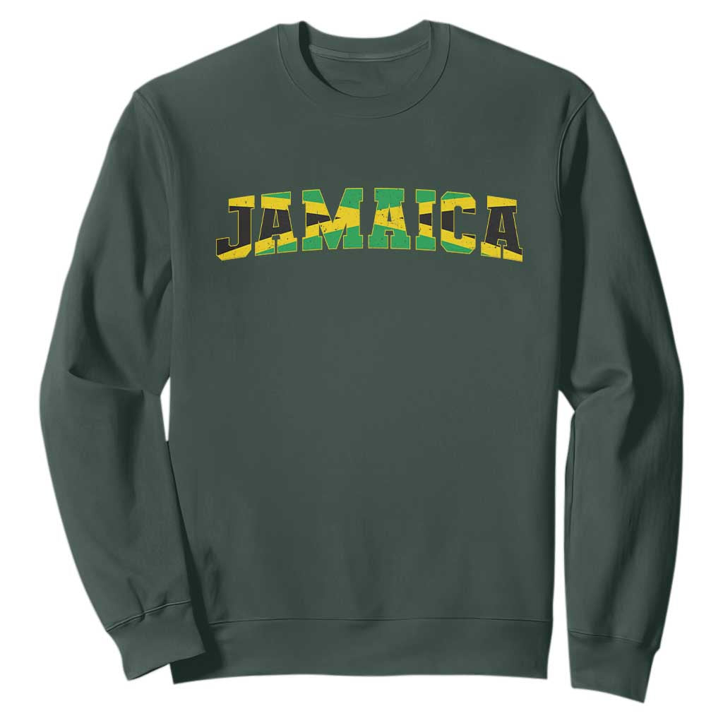Jamaican Pride Sweatshirt Retro Jamaica Flag Distressed Varsity Lettering Style TS10 Dark Forest Green Print Your Wear