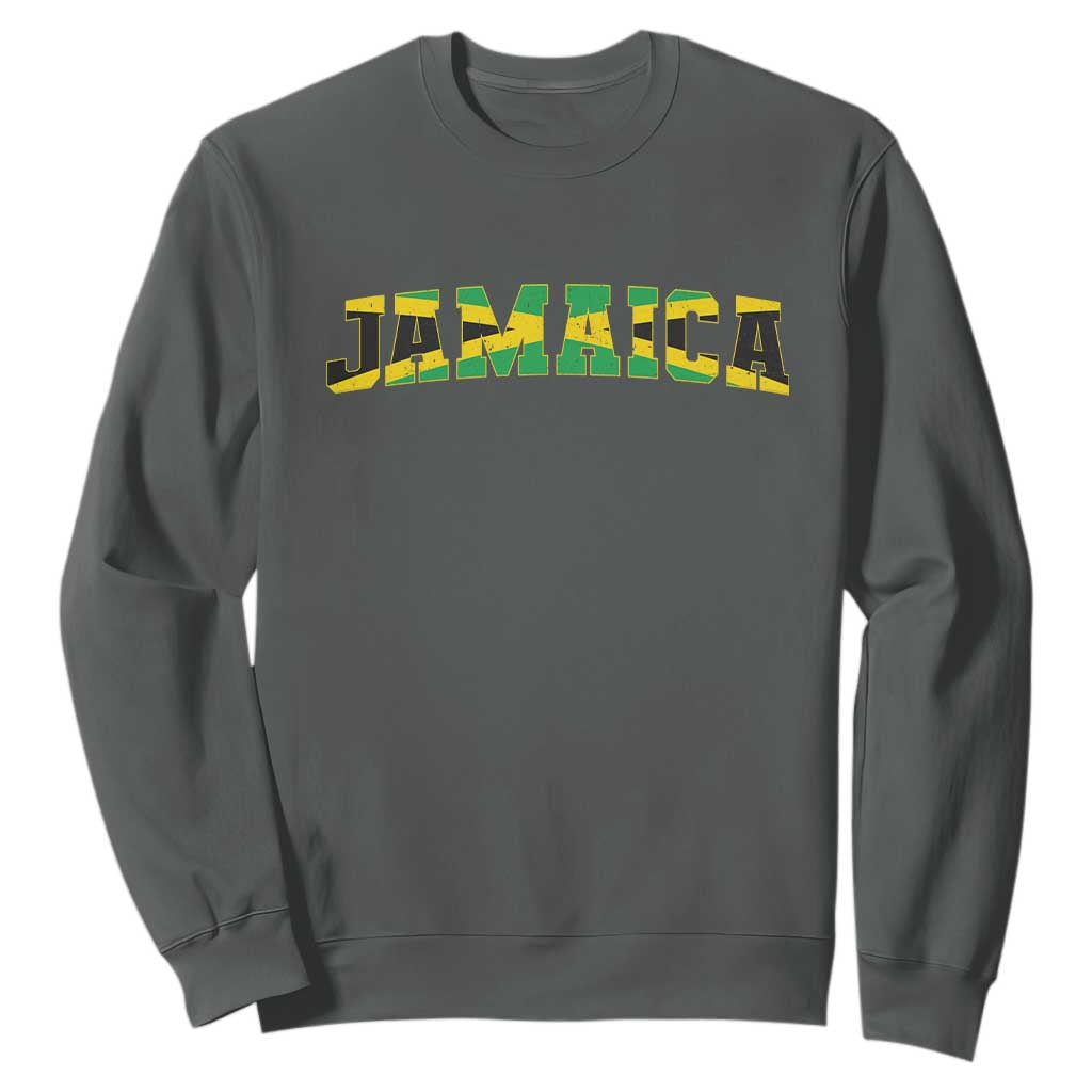 Jamaican Pride Sweatshirt Retro Jamaica Flag Distressed Varsity Lettering Style TS10 Dark Heather Print Your Wear