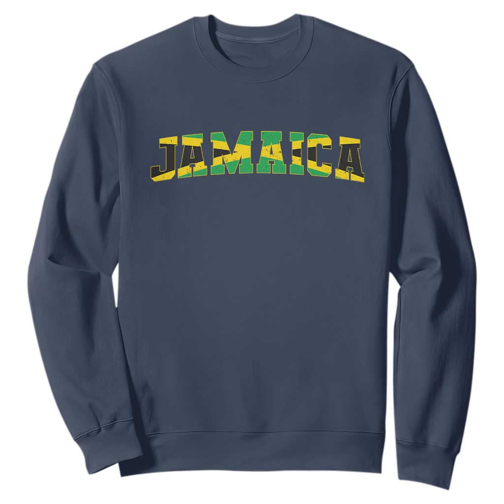 Jamaican Pride Sweatshirt Retro Jamaica Flag Distressed Varsity Lettering Style TS10 Navy Print Your Wear