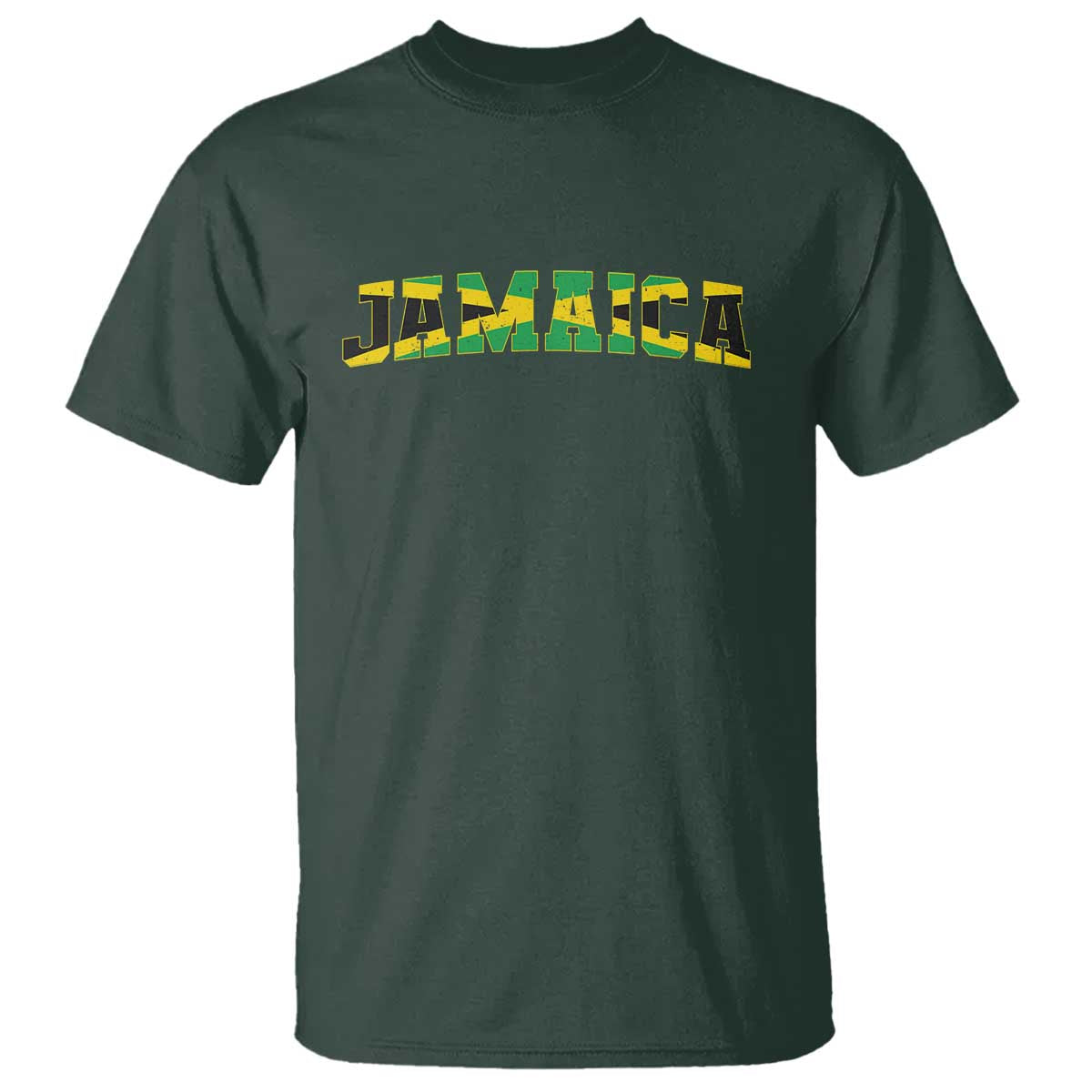 Jamaican Pride T Shirt Retro Jamaica Flag Distressed Varsity Lettering Style TS10 Dark Forest Green Print Your Wear