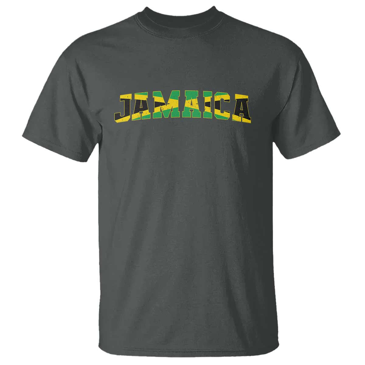 Jamaican Pride T Shirt Retro Jamaica Flag Distressed Varsity Lettering Style TS10 Dark Heather Print Your Wear