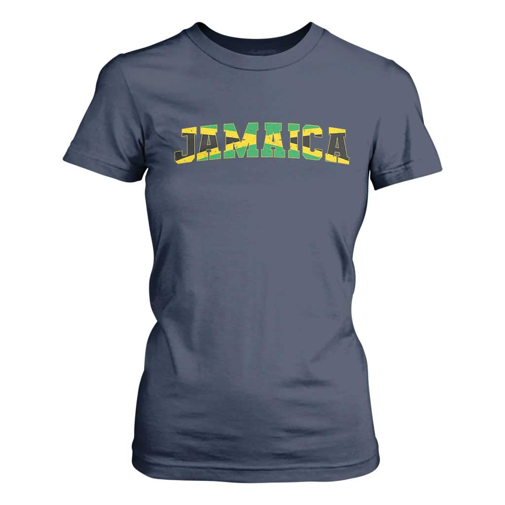 Jamaican Pride T Shirt For Women Retro Jamaica Flag Distressed Varsity Lettering Style TS10 Navy Print Your Wear