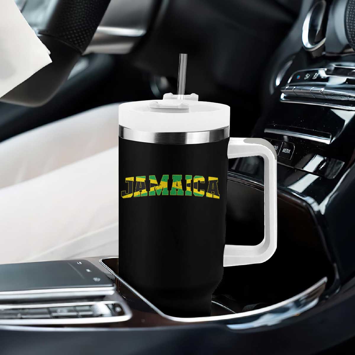 Jamaican Pride Tumbler With Handle Retro Jamaica Flag Distressed Varsity Lettering Style TS10 Print Your Wear
